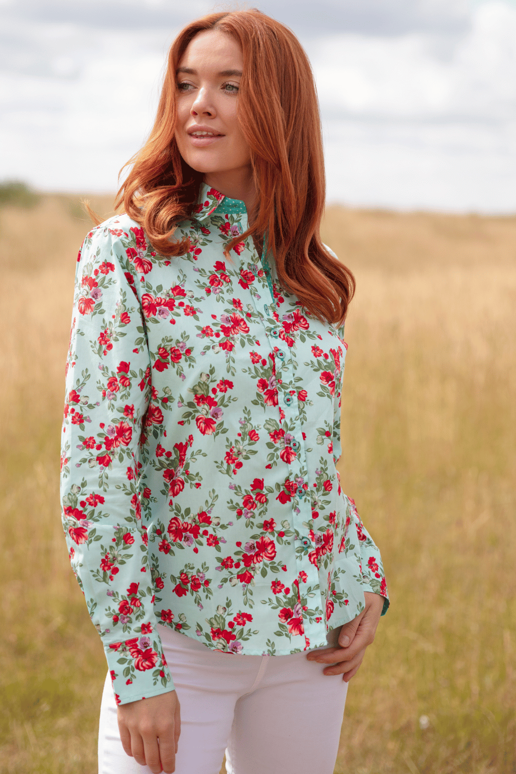 Mint Blue Shirt with Red and Lilac Flower Motif