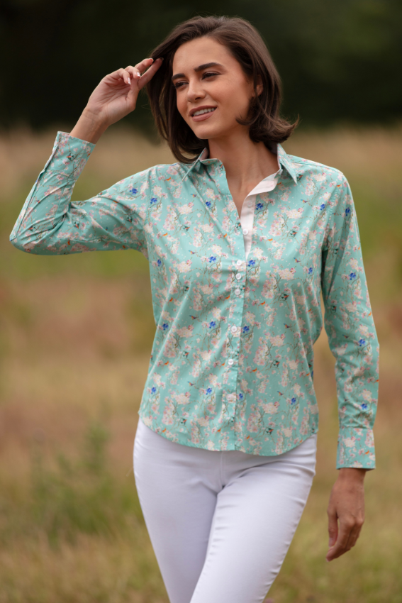 Blossom and Bluebirds Cotton Shirt